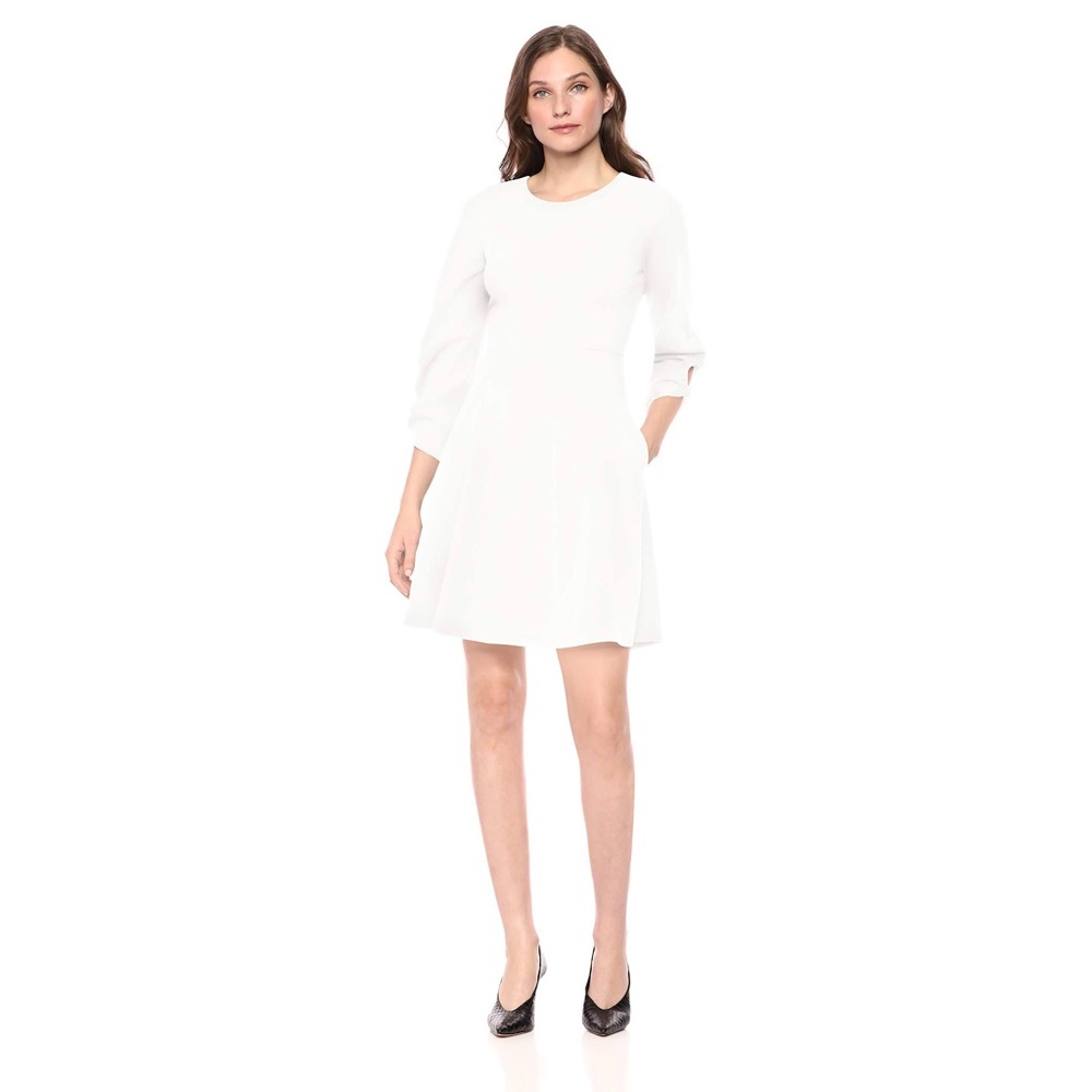 Lark & Ro Women's Gathered 3/4 Sleeve Crew Neck Fit and Flare Dress with Pockets